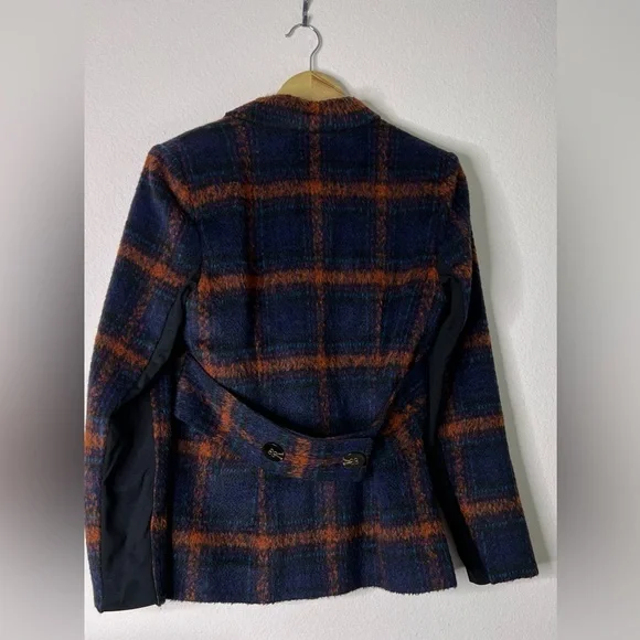 CAbi Checkmate Plaid Double Breasted Peacoat Blue/Orange Coat Women’s - Picture 5 of 9